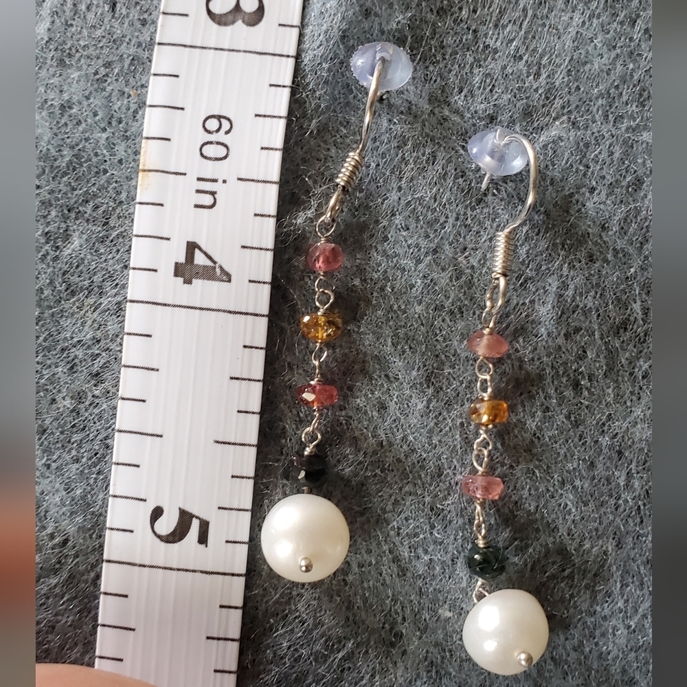 FreshwaterPearl & Multi-colored Genuine Sapphire Sterling Silver Dangle Earrings - Picture 4 of 7